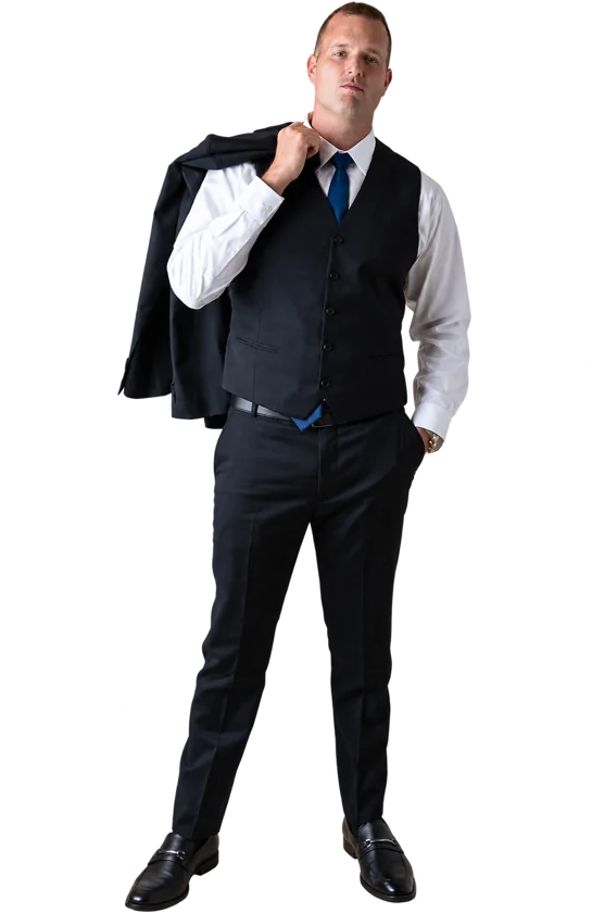 Jason Moore in a black vest with his jacket over his shoulder