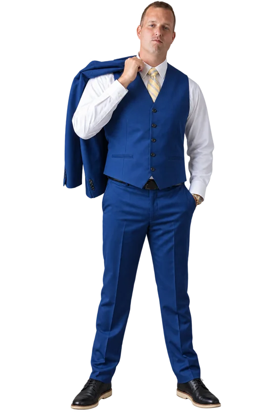 Jason Moore in a blue suit with his jacket over his shoulder